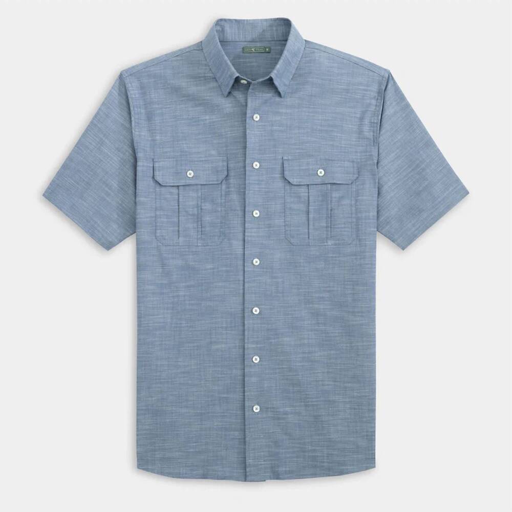 NEW GENTEAL men's parker cotton tencel short sleeve sport shirt in navy